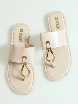 Flat One Strap Thong Sandal With Shaped Toe Trim - Cream
