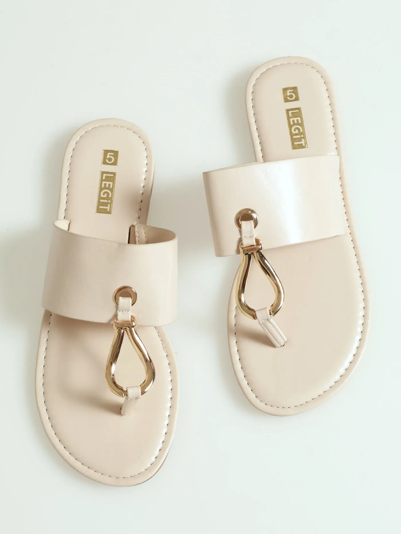 Flat One Strap Thong Sandal With Shaped Toe Trim - Cream