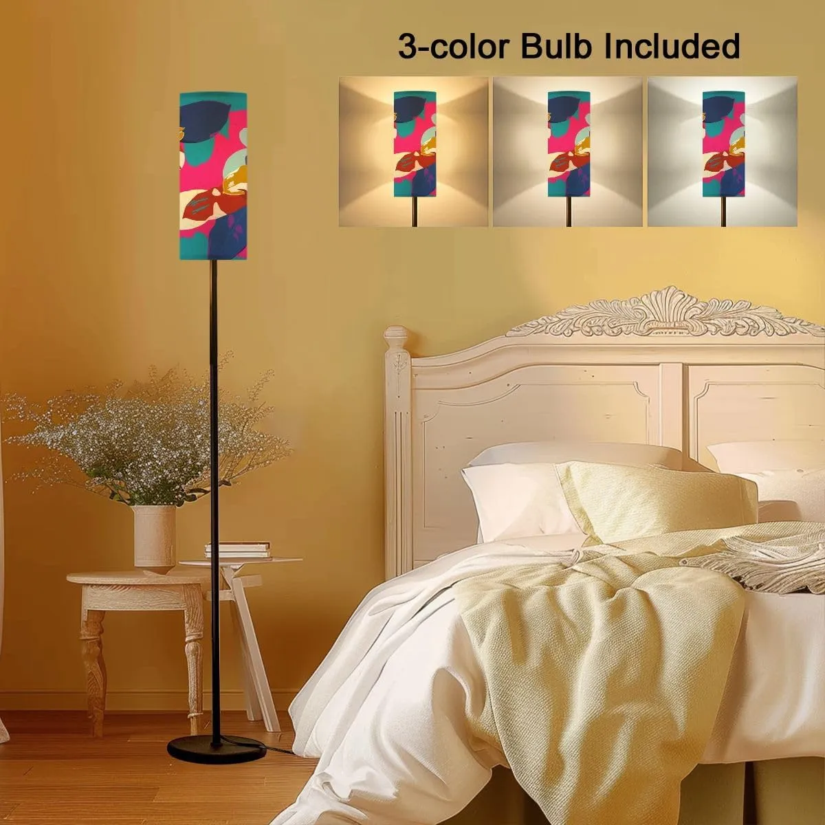 Floor Lamp for Living Room Seamless Pattern Indian Ginger Head Flower Flat Minimal Retro Light Stand Lamp with Remote Control Dimmable LED Tall Lamps for Bedrooms Reading Western Home Decor