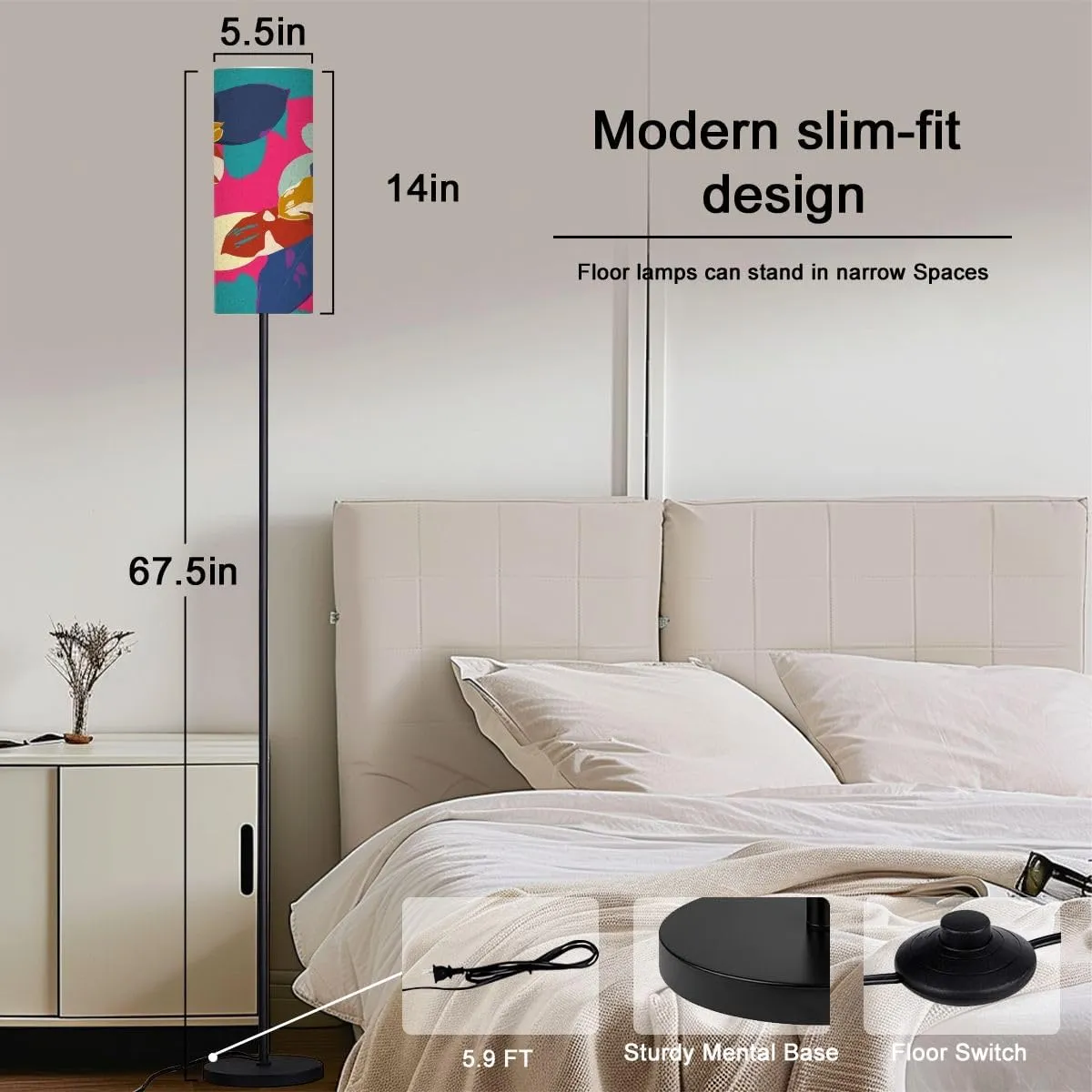 Floor Lamp for Living Room Seamless Pattern Indian Ginger Head Flower Flat Minimal Retro Light Stand Lamp with Remote Control Dimmable LED Tall Lamps for Bedrooms Reading Western Home Decor