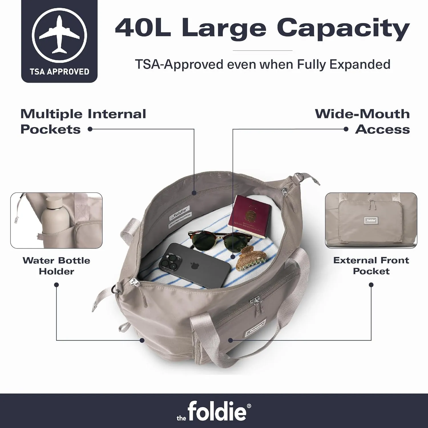 Foldable Travel Tote Bag for Women - 40L Weekender Bag with Multiple Pockets - Carry On Personal Item Travel Bag