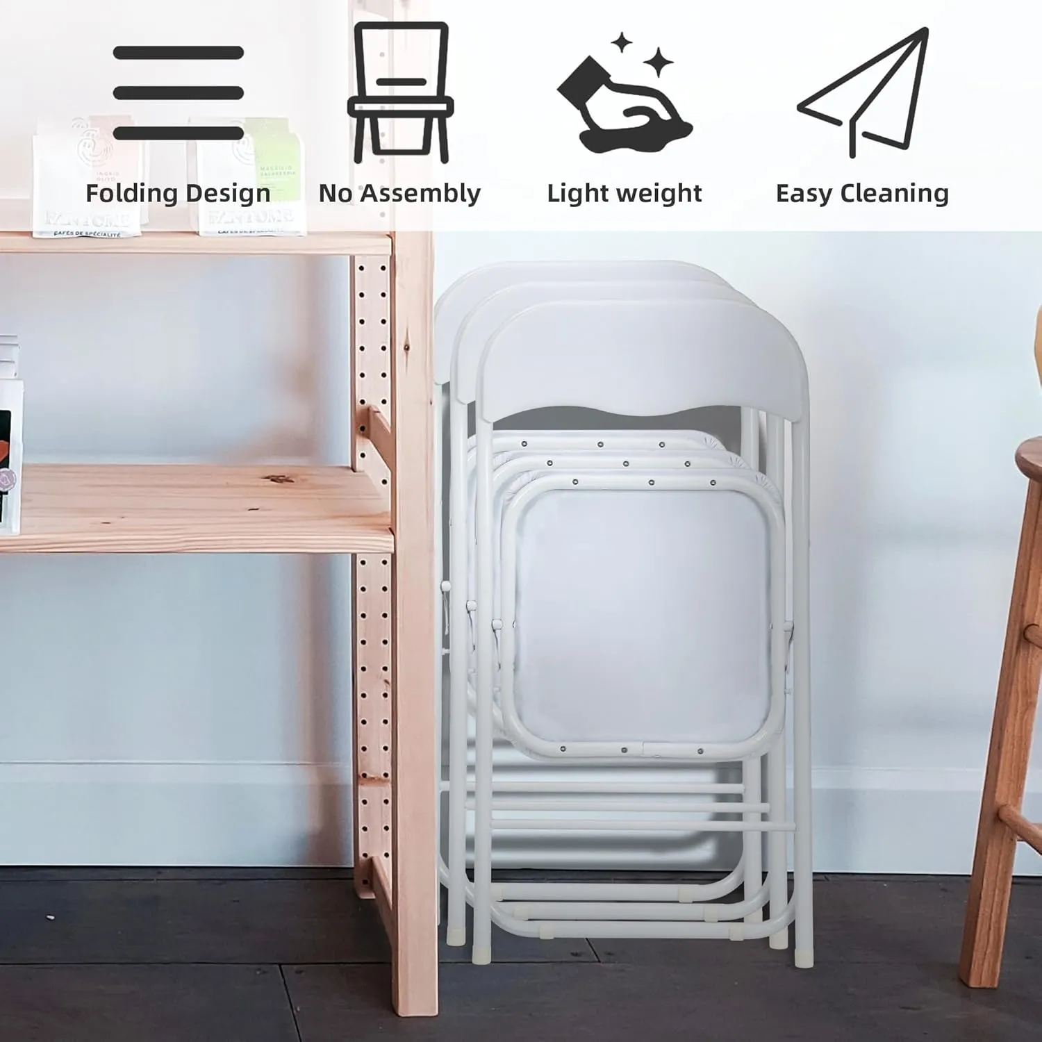 Folding Chairs 4 Pack with Cushion, Outdoor & Indoor Event Portable Metal Folding Chairs with Non-Slip Feet Pads Stackable Chairs, White