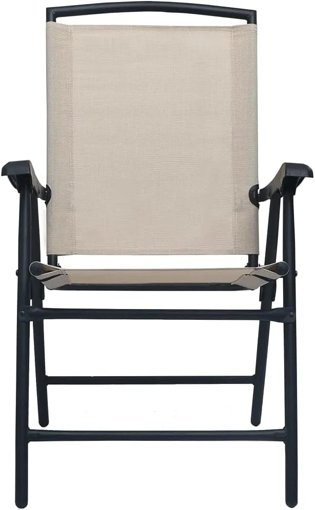Folding Patio Chairs Set of 2 Cream Textilene Fabric Outdoor Dining Chairs for Patio Garden Pool Beach Camping Foldable Steel Frame