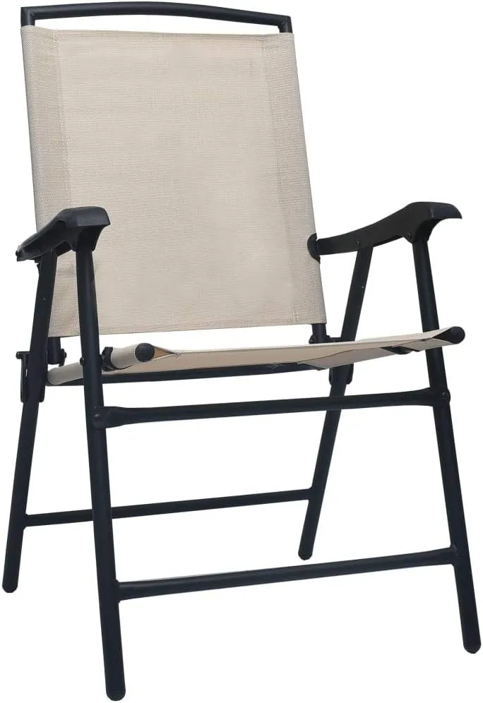 Folding Patio Chairs Set of 2 Cream Textilene Fabric Outdoor Dining Chairs for Patio Garden Pool Beach Camping Foldable Steel Frame