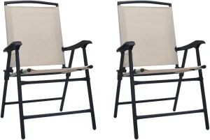 Folding Patio Chairs Set of 2 Cream Textilene Fabric Outdoor Dining Chairs for Patio Garden Pool Beach Camping Foldable Steel Frame