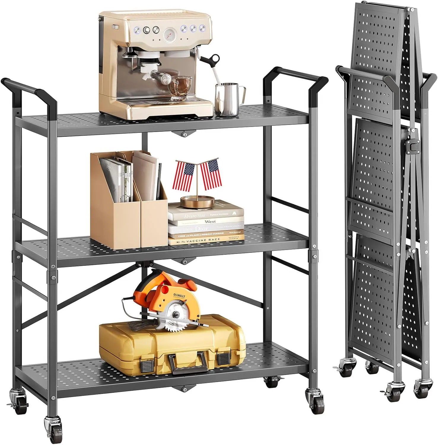 Folding Rolling Cart with Wheels - 3 Tier Collapsible Utility Cart, Metal Service Cart (Large)
