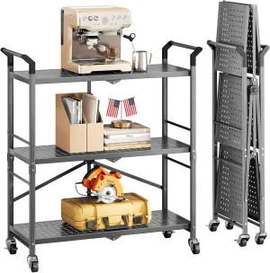 Folding Rolling Cart with Wheels - 3 Tier Collapsible Utility Cart, Metal Service Cart (Large)