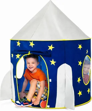 FoxPrint Rocket Ship Tent - Space Themed Pretend Play Tent - Space Play House - Spaceship Tent For Kids - Foldable Pop Up Star Play Tent Blue