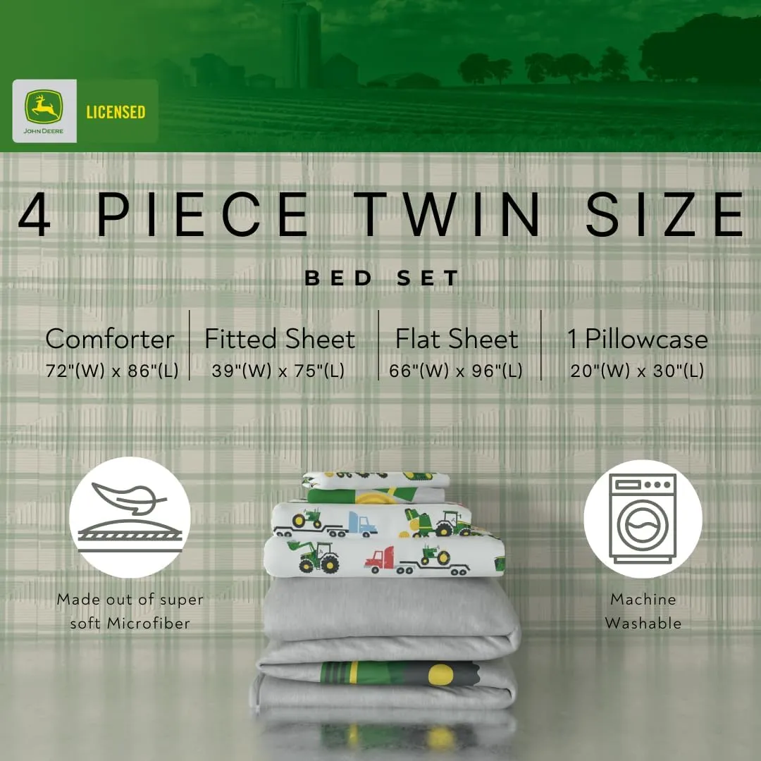 Franco Kids John Deere Farm Equipment Bedding 4 Piece Super Soft Reversible Comforter and Sheet Set, Twin, (Officially Licensed Product)