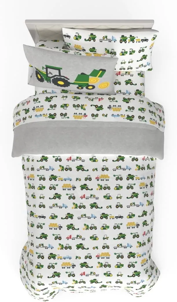 Franco Kids John Deere Farm Equipment Bedding 4 Piece Super Soft Reversible Comforter and Sheet Set, Twin, (Officially Licensed Product)