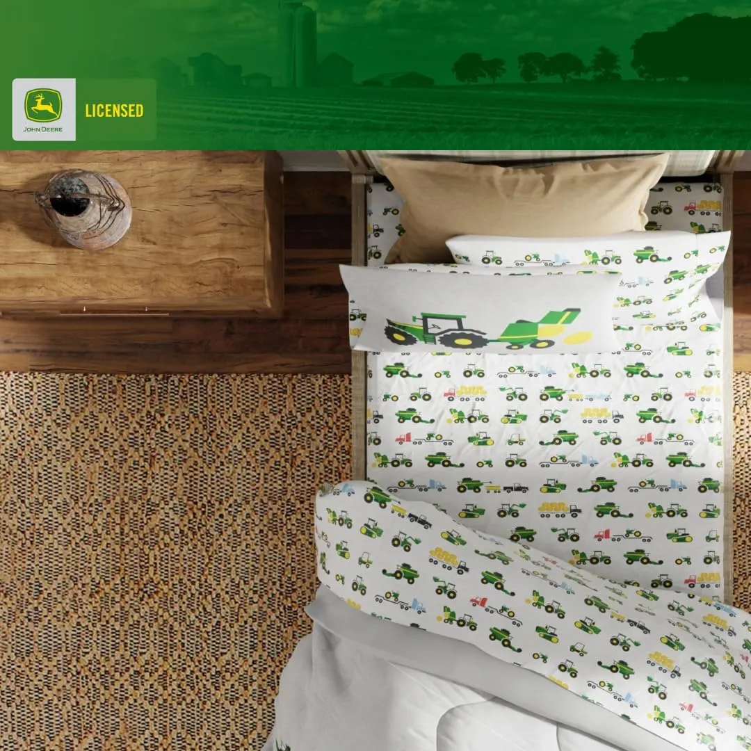 Franco Kids John Deere Farm Equipment Bedding 4 Piece Super Soft Reversible Comforter and Sheet Set, Twin, (Officially Licensed Product)