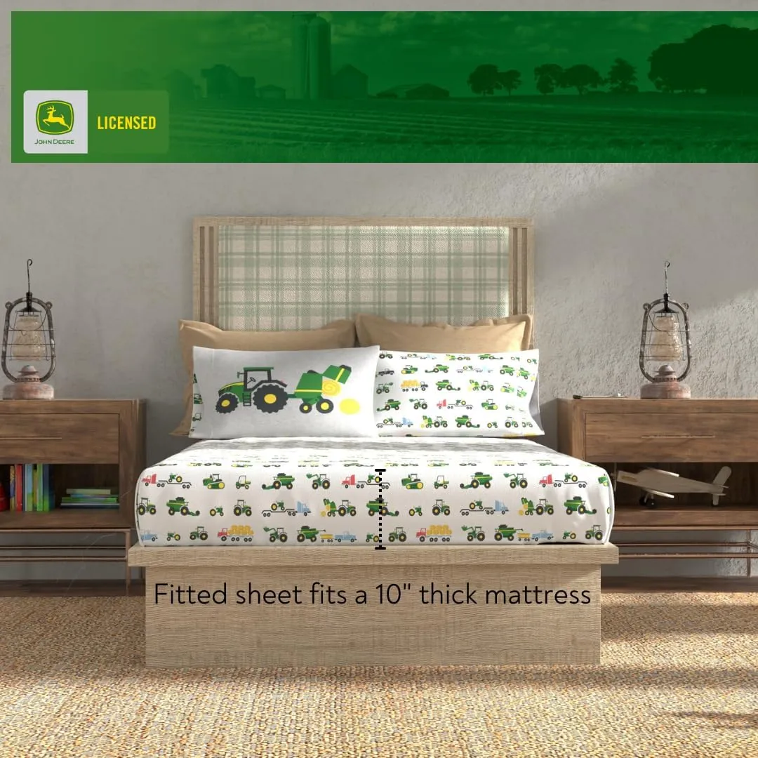 Franco Kids John Deere Farm Equipment Bedding 4 Piece Super Soft Reversible Comforter and Sheet Set, Twin, (Officially Licensed Product)