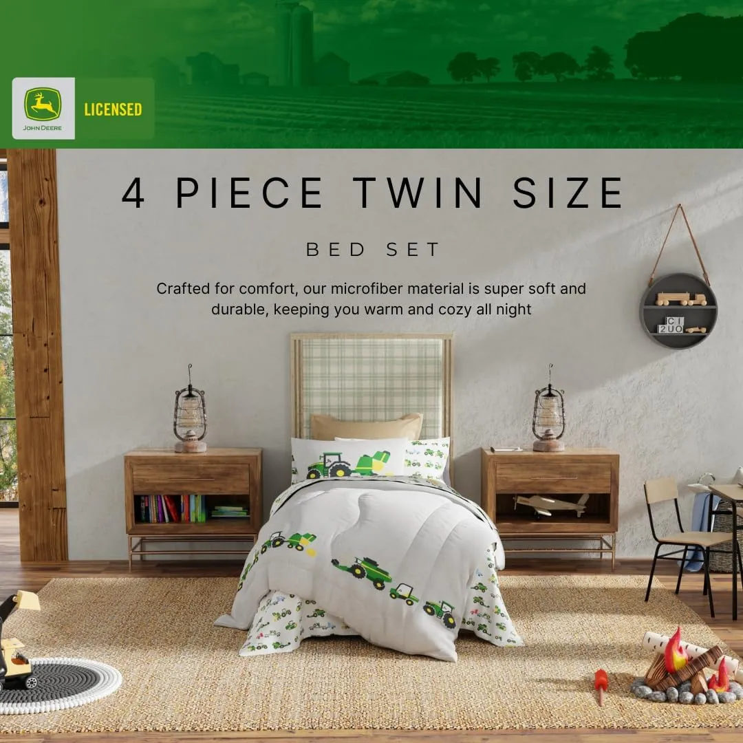 Franco Kids John Deere Farm Equipment Bedding 4 Piece Super Soft Reversible Comforter and Sheet Set, Twin, (Officially Licensed Product)
