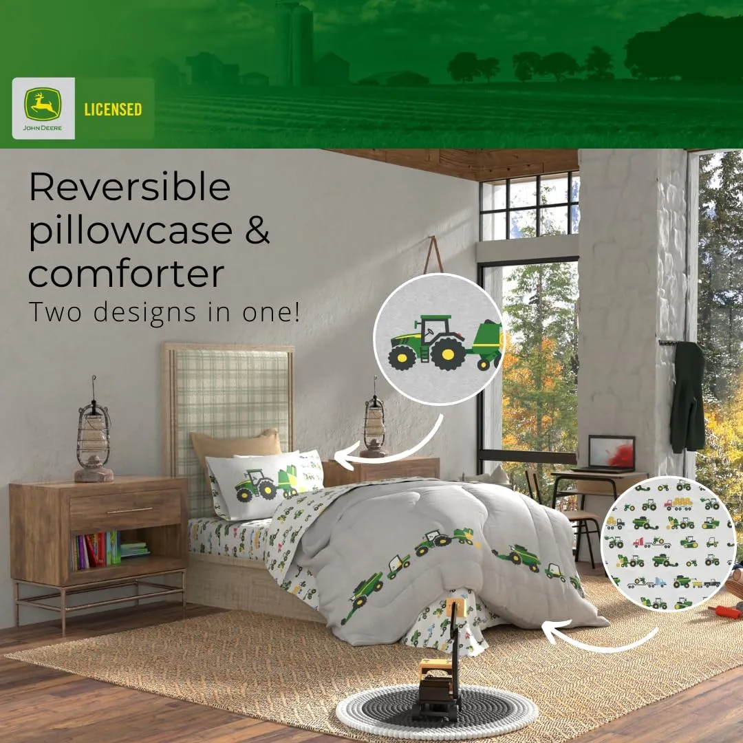 Franco Kids John Deere Farm Equipment Bedding 4 Piece Super Soft Reversible Comforter and Sheet Set, Twin, (Officially Licensed Product)