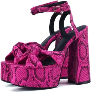 Frankie Hsu Chunky Platform High Heeled Bootie, Pink Block High Heels Boots, Special Design Python Pattern Knot Ankle High Heeled Shoe for Women