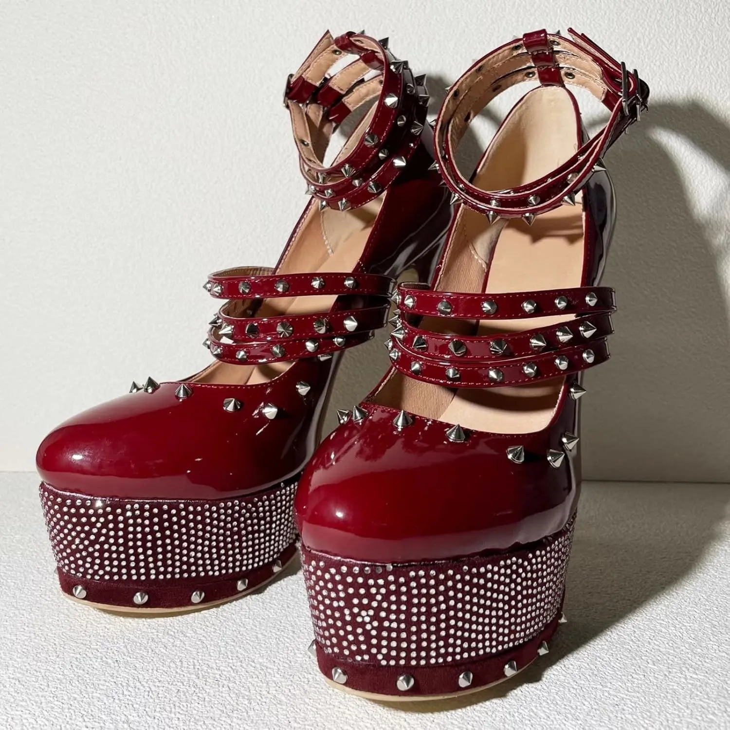 Frankie Hsu Sexy Stiletto Rivet Platform High Heels, Classic Red Patent Leather Fashion Rhinestone High Heeled Women Shoes, Big Large Size Designer Gem Metallic Spike Straps Pumps For Women US5-14