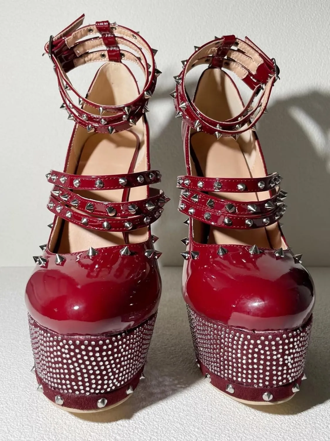 Frankie Hsu Sexy Stiletto Rivet Platform High Heels, Classic Red Patent Leather Fashion Rhinestone High Heeled Women Shoes, Big Large Size Designer Gem Metallic Spike Straps Pumps For Women US5-14