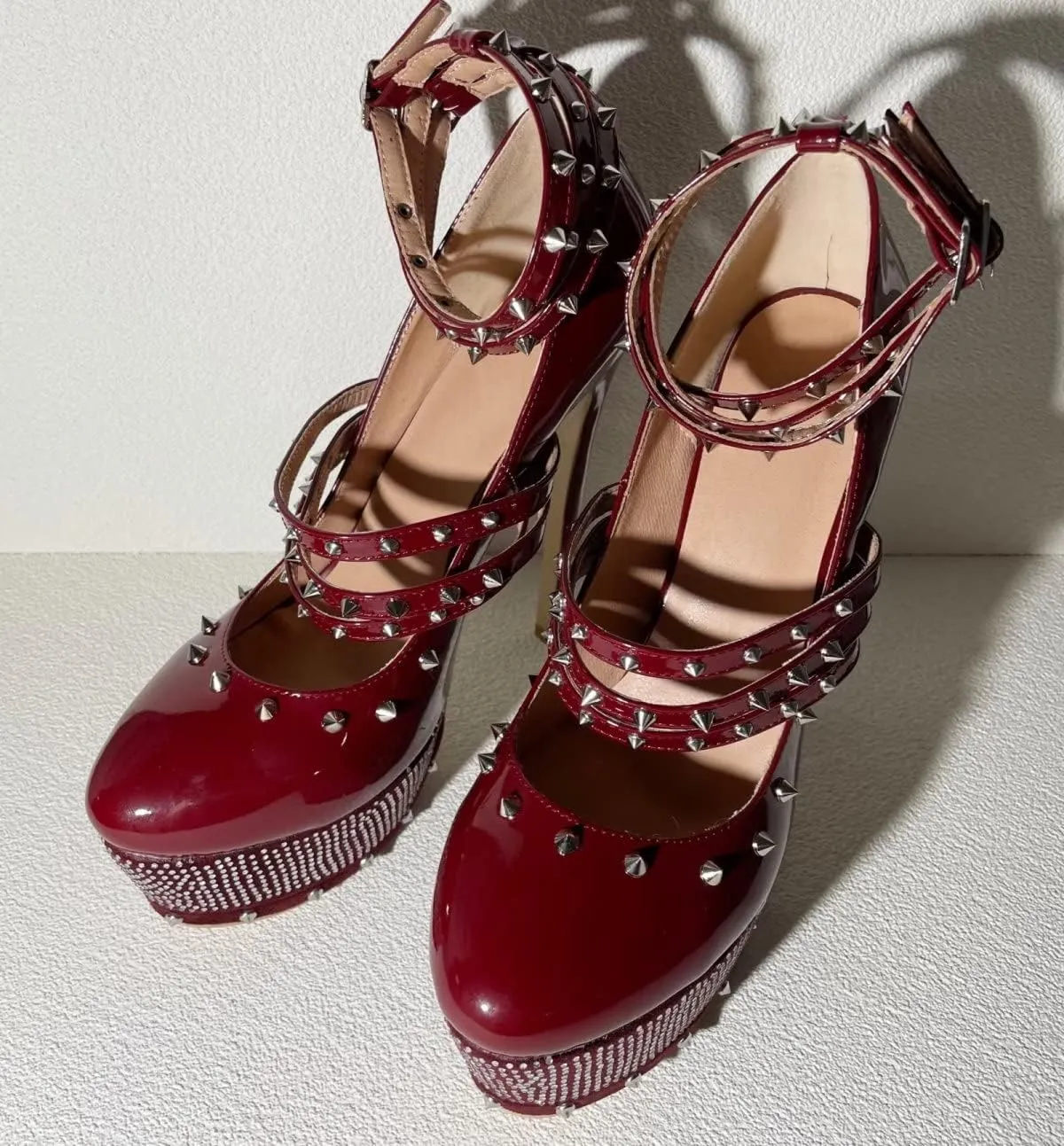 Frankie Hsu Sexy Stiletto Rivet Platform High Heels, Classic Red Patent Leather Fashion Rhinestone High Heeled Women Shoes, Big Large Size Designer Gem Metallic Spike Straps Pumps For Women US5-14