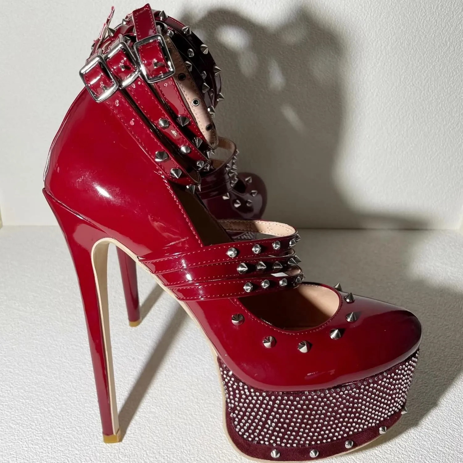 Frankie Hsu Sexy Stiletto Rivet Platform High Heels, Classic Red Patent Leather Fashion Rhinestone High Heeled Women Shoes, Big Large Size Designer Gem Metallic Spike Straps Pumps For Women US5-14