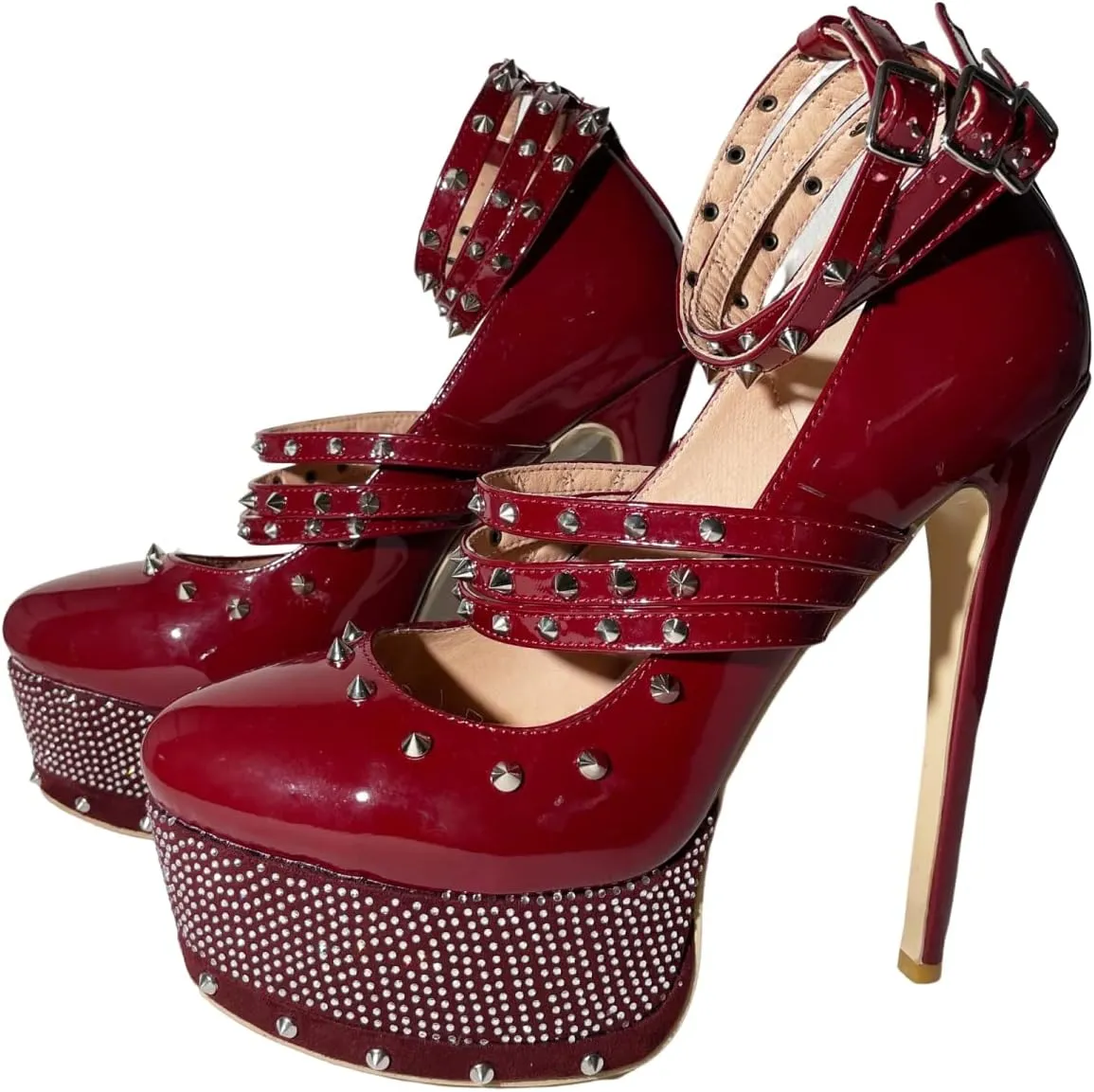 Frankie Hsu Sexy Stiletto Rivet Platform High Heels, Classic Red Patent Leather Fashion Rhinestone High Heeled Women Shoes, Big Large Size Designer Gem Metallic Spike Straps Pumps For Women US5-14