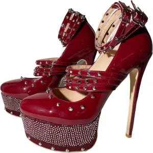 Frankie Hsu Sexy Stiletto Rivet Platform High Heels, Classic Red Patent Leather Fashion Rhinestone High Heeled Women Shoes, Big Large Size Designer Gem Metallic Spike Straps Pumps For Women US5-14