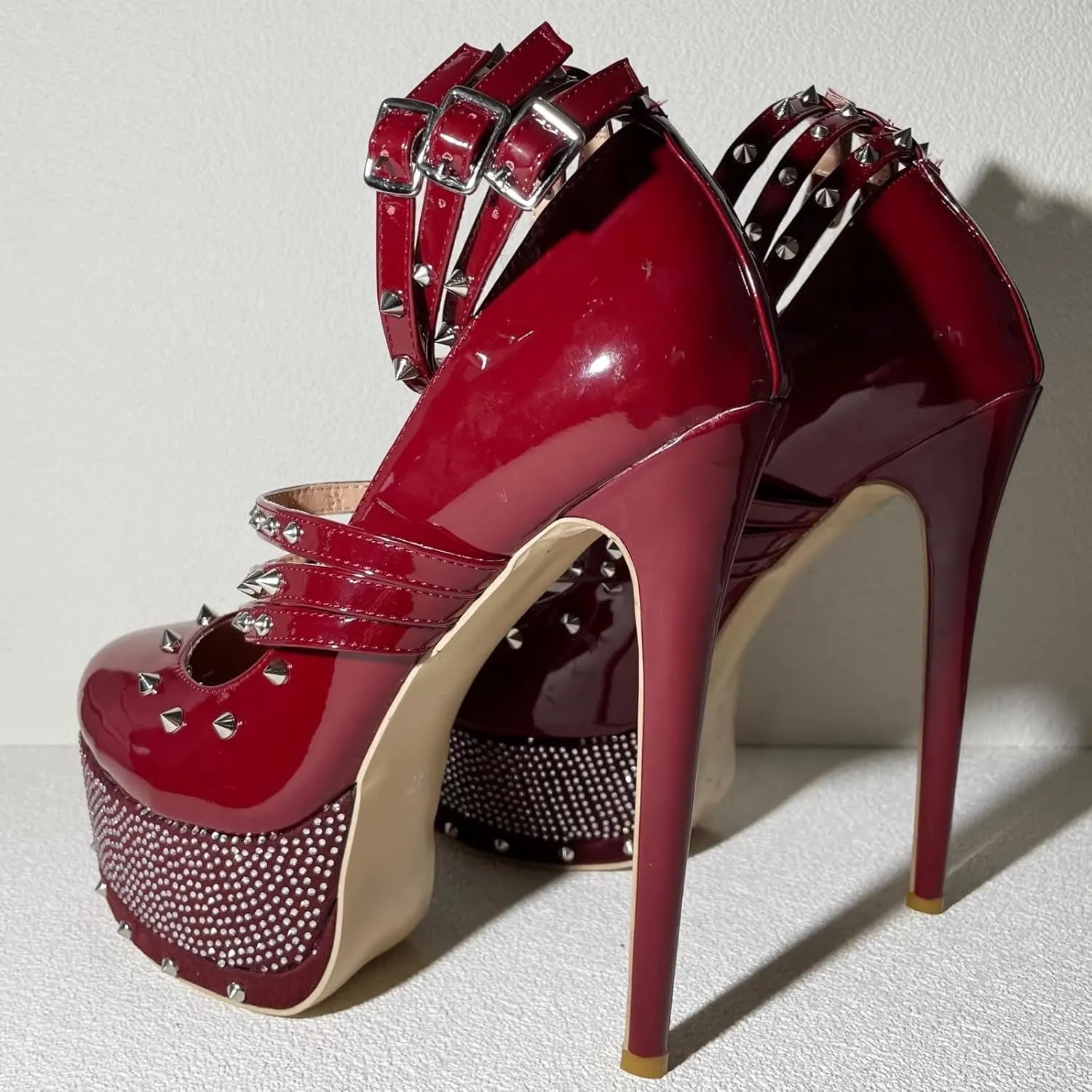 Frankie Hsu Sexy Stiletto Rivet Platform High Heels, Classic Red Patent Leather Fashion Rhinestone High Heeled Women Shoes, Big Large Size Designer Gem Metallic Spike Straps Pumps For Women US5-14