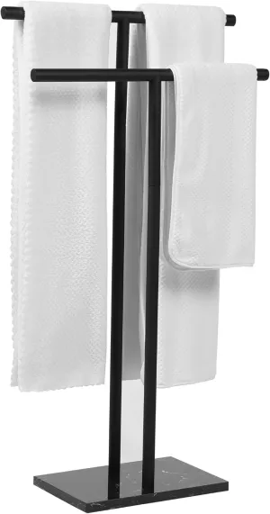 Free Standing Towel Rack for Bathroom - Matte Black Finish - Stand Alone 2 Tier Stainless Steel Towel Rack for Bathroom Floor with Heavy Marble Base - Double T Shape Drying Stand for Towels