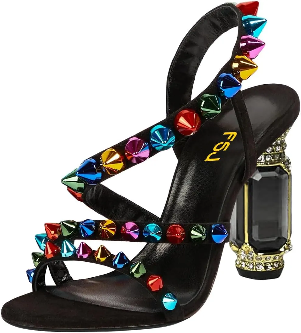 FSJ Women Open Toe Studs Strap Chunky High Heeled Sandals Studded Rivets Slingbacks Sexy Comfort Strappy Spiky Summer Daily Wear Evening Shoes Size 4-16 US