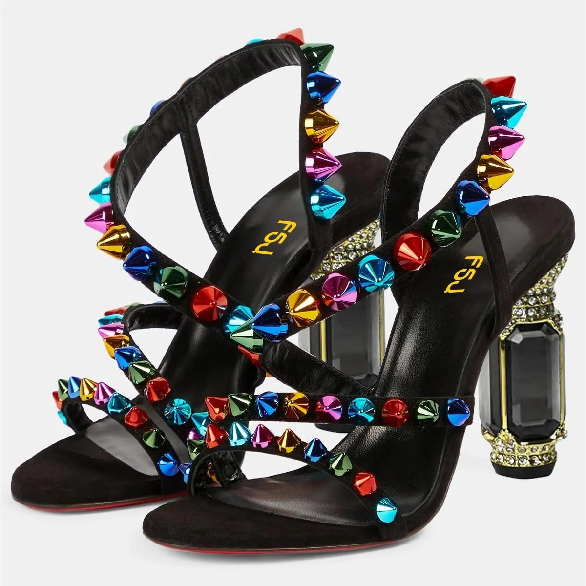 FSJ Women Open Toe Studs Strap Chunky High Heeled Sandals Studded Rivets Slingbacks Sexy Comfort Strappy Spiky Summer Daily Wear Evening Shoes Size 4-16 US
