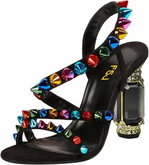 FSJ Women Open Toe Studs Strap Chunky High Heeled Sandals Studded Rivets Slingbacks Sexy Comfort Strappy Spiky Summer Daily Wear Evening Shoes Size 4-16 US