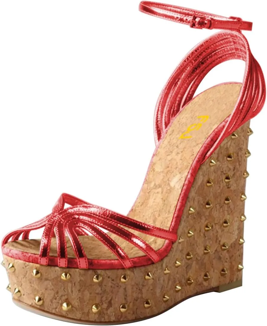 FSJ Women Rivet Studded Wedges Sandals Platform Cork High Heel Peep Toe Ankle Strap Buckle Sexy Strappy Party Shoes Size 4-16 US