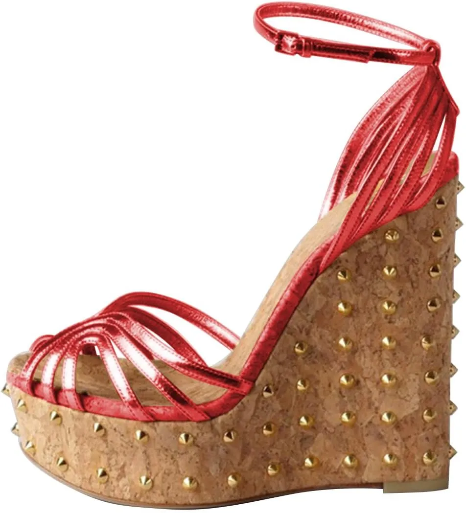 FSJ Women Rivet Studded Wedges Sandals Platform Cork High Heel Peep Toe Ankle Strap Buckle Sexy Strappy Party Shoes Size 4-16 US