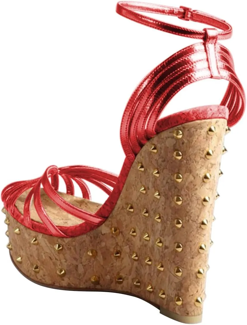FSJ Women Rivet Studded Wedges Sandals Platform Cork High Heel Peep Toe Ankle Strap Buckle Sexy Strappy Party Shoes Size 4-16 US