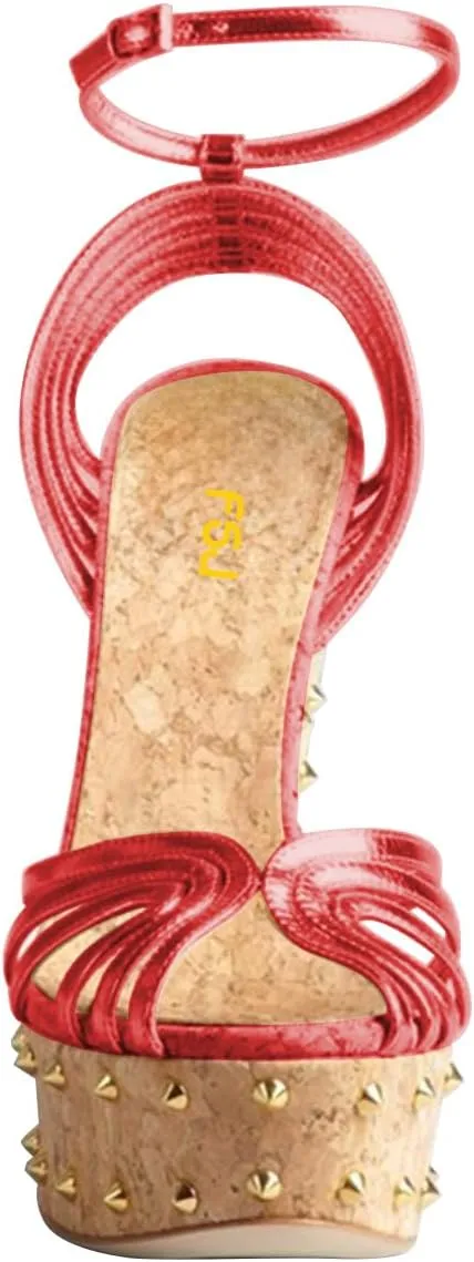 FSJ Women Rivet Studded Wedges Sandals Platform Cork High Heel Peep Toe Ankle Strap Buckle Sexy Strappy Party Shoes Size 4-16 US