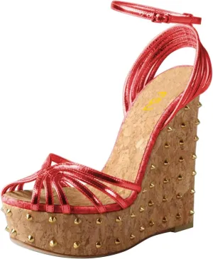 FSJ Women Rivet Studded Wedges Sandals Platform Cork High Heel Peep Toe Ankle Strap Buckle Sexy Strappy Party Shoes Size 4-16 US