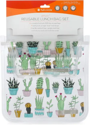 Full Circle Ziptuck Reusable Lunch Bag Set – 1 Sandwich Bag and 1 Snack Bag - Multi-Use Leak-Free Food-Safe Storage Bags – BPA-Free, Cactus Party