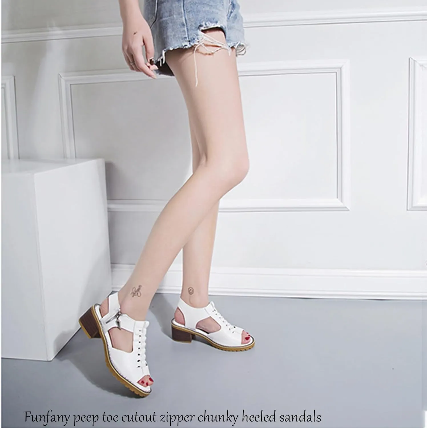 Funfany Peep Toe Cutout Zipper Chunky Heeled Sandals, Women's Comfy Orthotic Sandals, Summer Ultra-Comfy Wedge Sandal