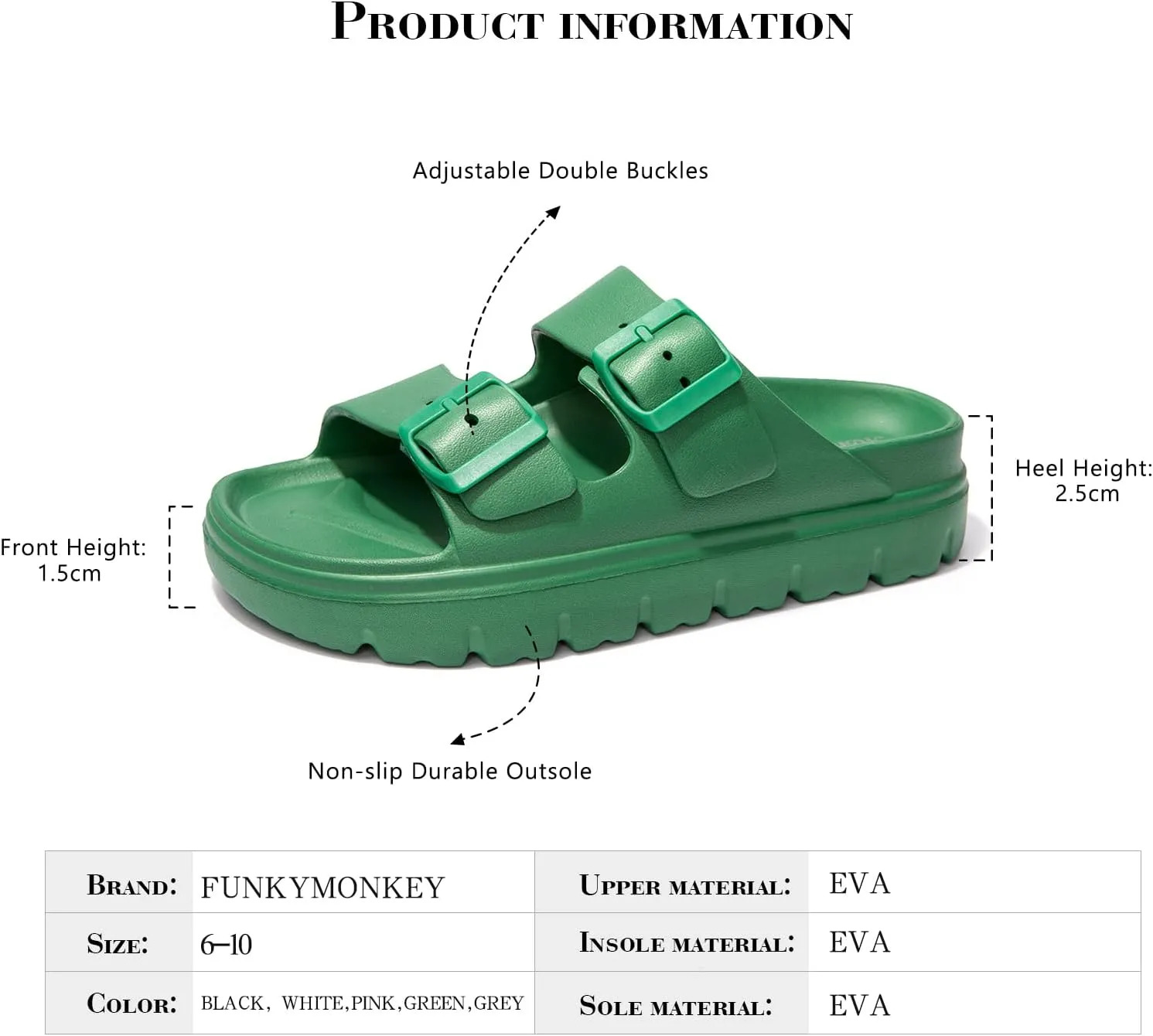 FUNKYMONKEY Women's Comfort Slides Double Buckle Adjustable Plastics Flat Sandals