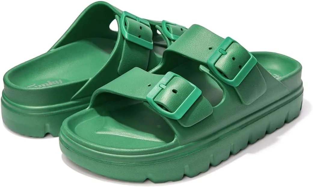 FUNKYMONKEY Women's Comfort Slides Double Buckle Adjustable Plastics Flat Sandals