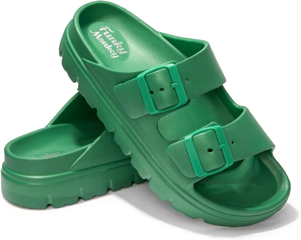 FUNKYMONKEY Women's Comfort Slides Double Buckle Adjustable Plastics Flat Sandals