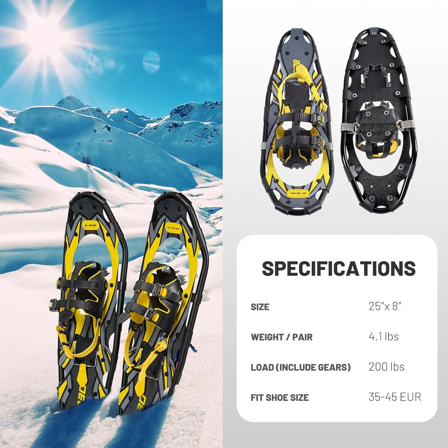 G2 21/25/30/36 Inches Light Weight Snowshoes with Toe Box, EVA Padded Ratchet Binding, Heel Lift, Flexible Pivot Bar, Durable Back Strap, Trekking Poles, Carrying Bag, Snow Baskets(6 colors available)