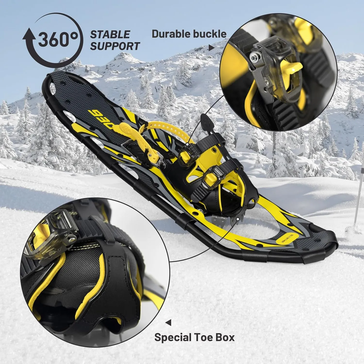 G2 21/25/30/36 Inches Light Weight Snowshoes with Toe Box, EVA Padded Ratchet Binding, Heel Lift, Flexible Pivot Bar, Durable Back Strap, Trekking Poles, Carrying Bag, Snow Baskets(6 colors available)