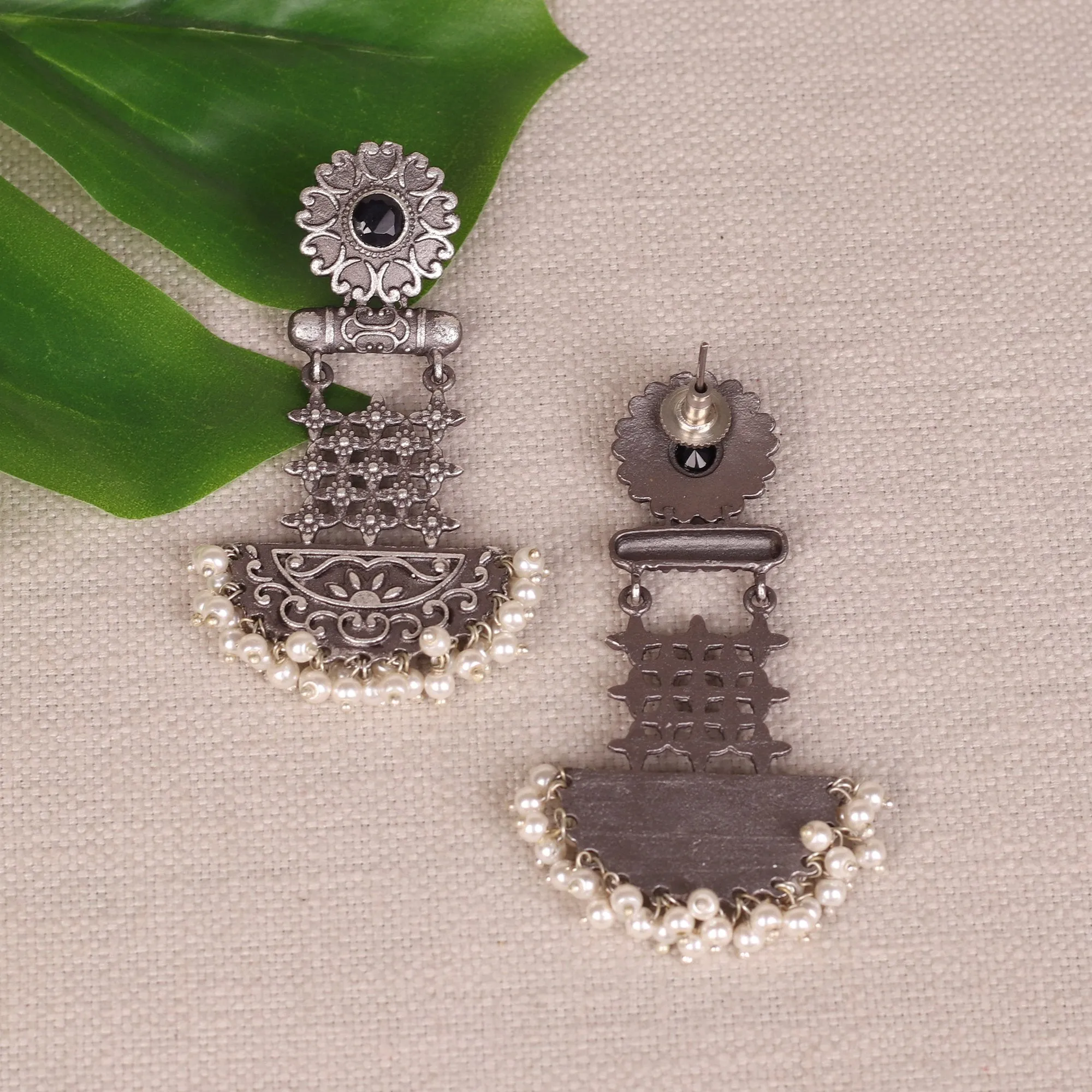German Silver Jaaliwork Earings With Stone Work