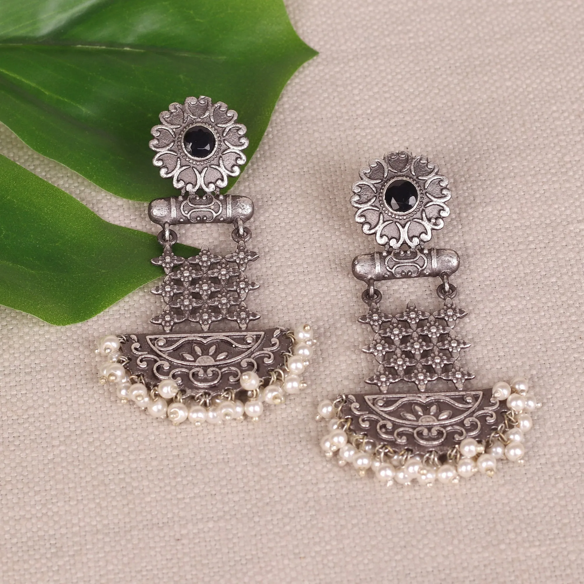 German Silver Jaaliwork Earings With Stone Work