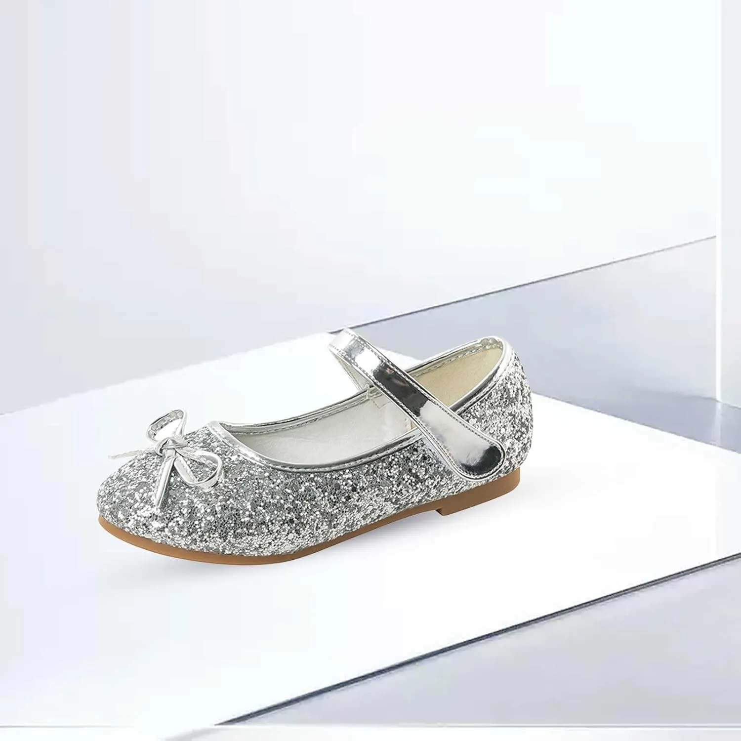 Girl Mary Jane Dress Shoes Glitter Flat Shoes Bowknot Sequin Shoe Bow Wedding Sandals High Heels Shiny Sandals