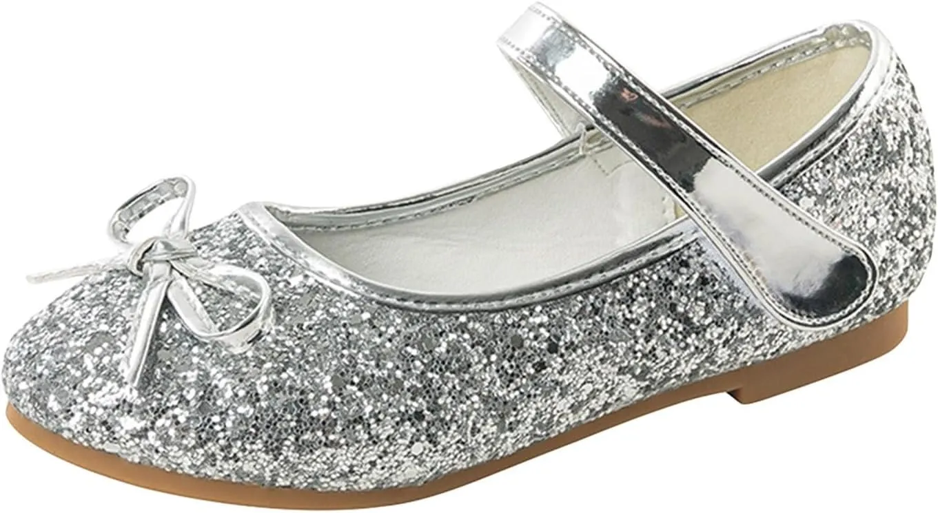 Girl Mary Jane Dress Shoes Glitter Flat Shoes Bowknot Sequin Shoe Bow Wedding Sandals High Heels Shiny Sandals