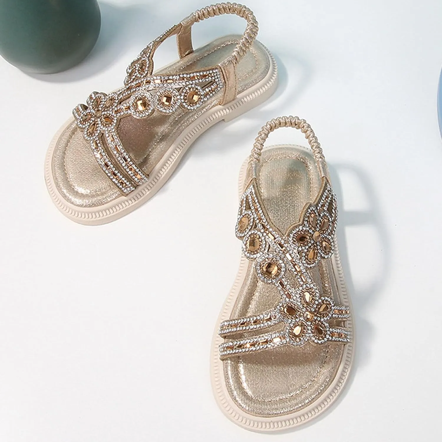 Girls Sandals Dressy Flats Bohemian Comfortable Casual Summer Non Slip Elastic Ankle Strap Beach Walking Thong Shoes for Big Kids
