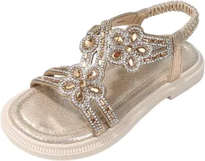 Girls Sandals Dressy Flats Bohemian Comfortable Casual Summer Non Slip Elastic Ankle Strap Beach Walking Thong Shoes for Big Kids