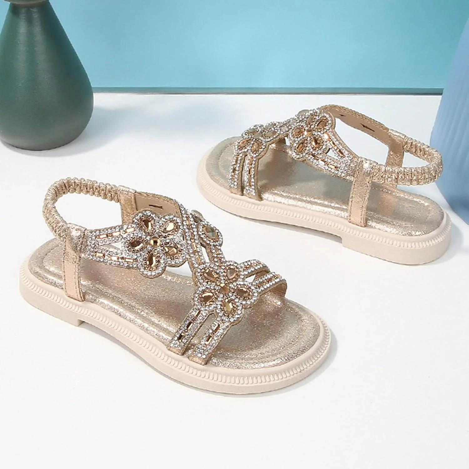 Girls Sandals Dressy Flats Bohemian Comfortable Casual Summer Non Slip Elastic Ankle Strap Beach Walking Thong Shoes for Big Kids