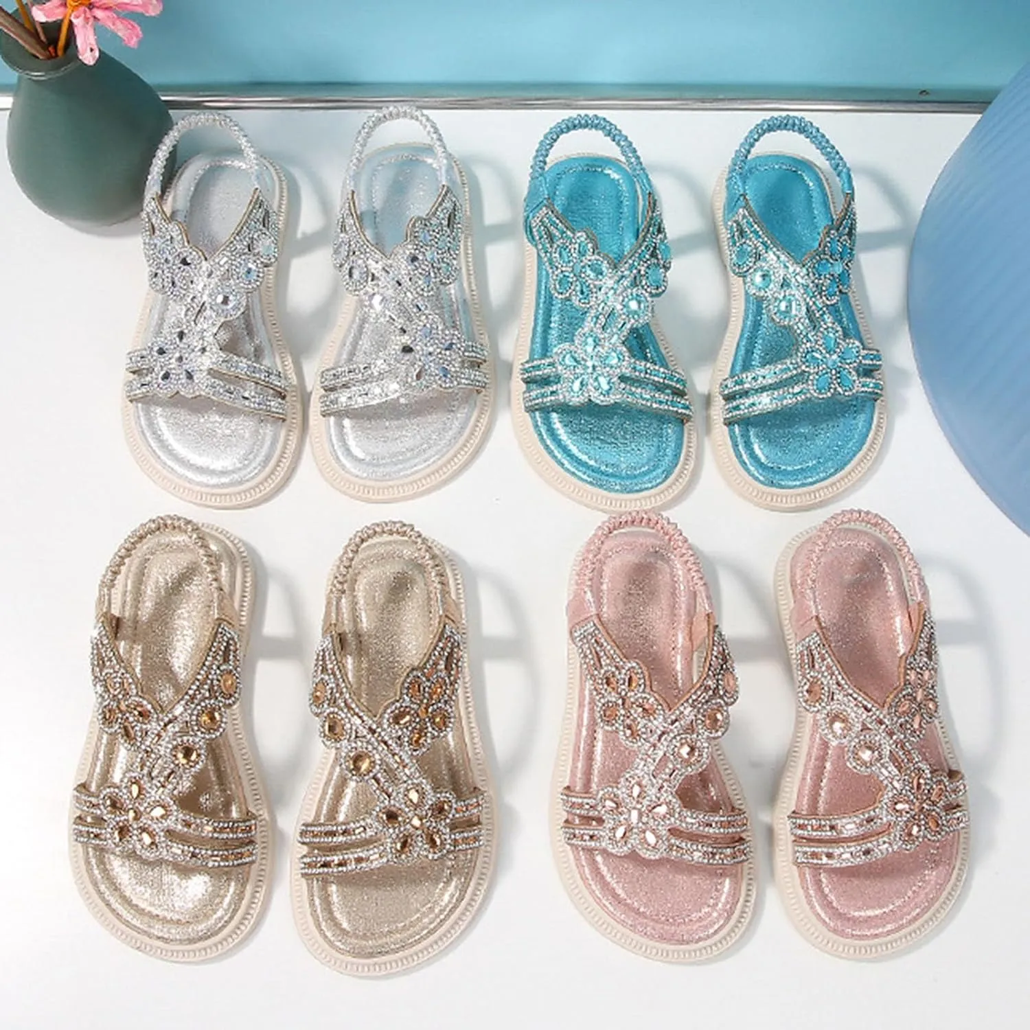 Girls Sandals Dressy Flats Bohemian Comfortable Casual Summer Non Slip Elastic Ankle Strap Beach Walking Thong Shoes for Big Kids